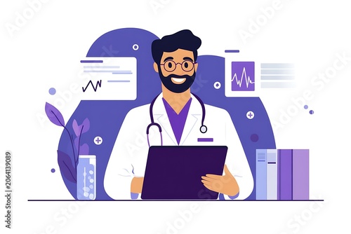 Male Doctor Using Laptop in Modern Medical Office with Digital Health Icons