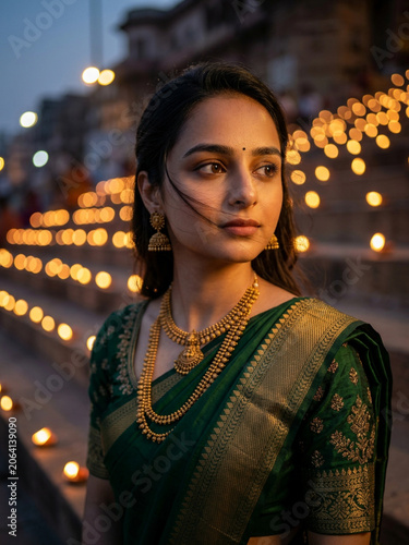 Indian Woman In Green Silk Saree Standing Amid Glowing Diyas During Evening Festival generative ai
