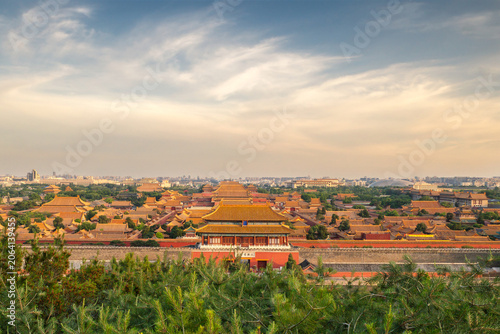 Panoramic View of the Forbidden City and Gate of Divine Prowess from Jingshan Park at Sunset in Beijing, China