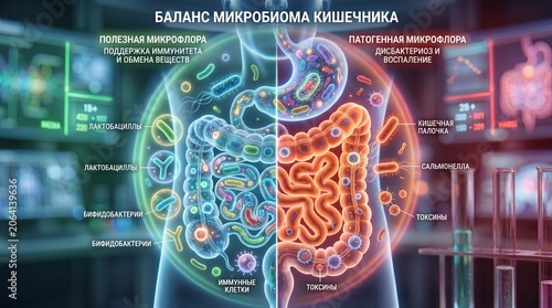 Human gut microbiome with glowing bacteria in digestive system, intestine and stomach, medical 3D illustration, gut health concept	