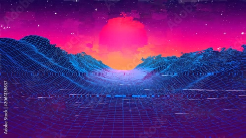 Glitching 80s synthwave landscape with blue grid mountains and sun over arcade space planet canyon