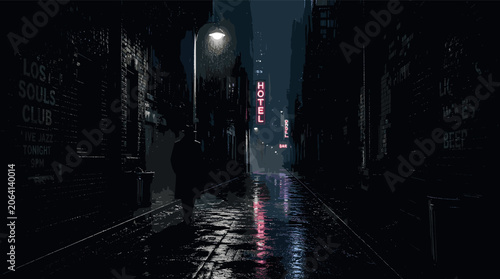Canvastavla A lone figure walks down a dark, rain-slicked alleyway at night, illuminated by a single streetlamp and a neon hotel sign