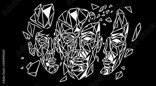 Conceptual illustration of three abstract faces constructed from geometric fragments, depicting the intricate and sometimes fractured essence of human identity and consciousness
