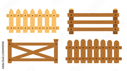 Set of wooden fence designs isolated on white background