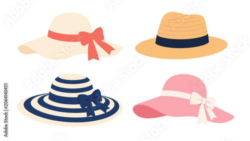 Set of four stylish wide brim summer hats in flat vector style