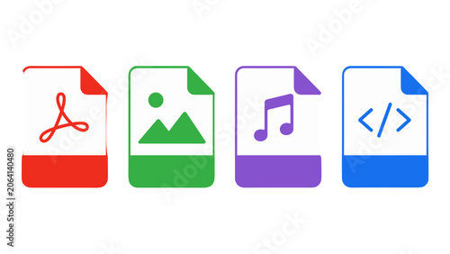 Colorful document file format icons for PDF image audio and code