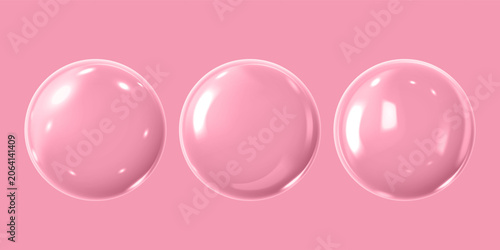 Realistic 3D glass balls with glares and highlights effect, vector glossy transparent volume sphere bubbles on pink