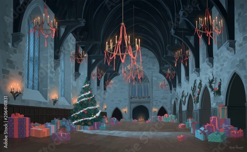 Cozy Winter Fantasy Hall Decorated with Christmas Lights and Evergreen Garlands