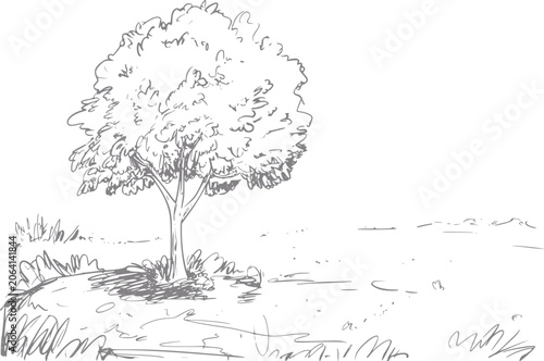 Tableau sur toile Of a lone tree by a body of water with grassy banks