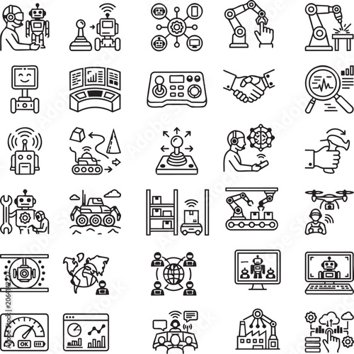 Robot Teleoperation Line Icons Set for Remote Robotics Control, Industrial Automation and Smart Operations