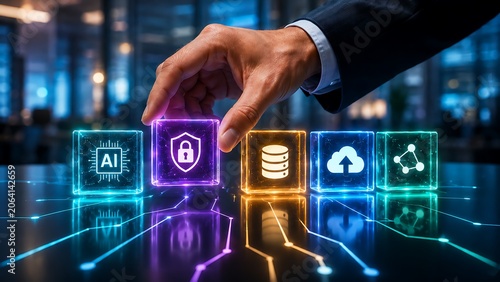 Professional hand completing digital ecosystem integration, securing AI, data, and cloud technologies with advanced cybersecurity protection solutions.