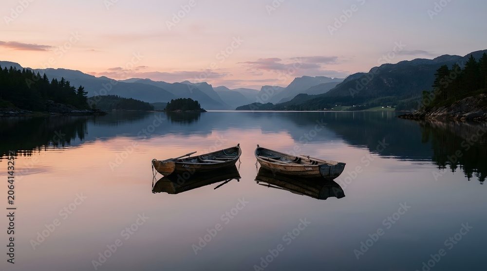 Obraz premium Two wooden rowing boats floating on a calm lake at sunset
