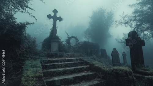 Misty Old Cemetery with Stone Crosses