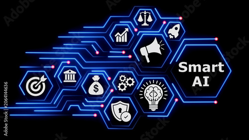 Fotografie Smart ai text displayed on dark background with hi-tech icons.