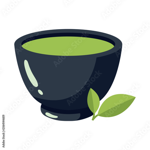 Matcha tea cup vector flat design illustration on white background. Japanese healthy green tea icon with leaves  in ceramic mug  for menu, banner, poster, web, emblem.