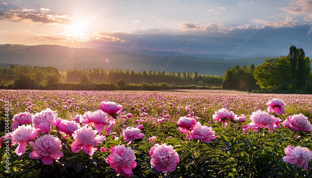 Obraz premium A Lush Field Of Pink Peonies Flowers Wallpaper Background Beautiful Nature Dreamy