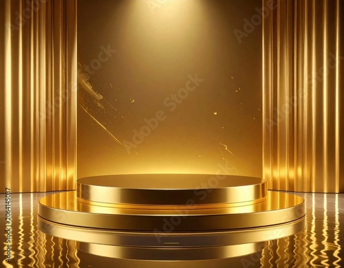 Golden podium stage with luxury curtains and glowing particles, ideal for product display, premium marketing, promotional events, metallic sheen