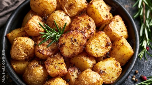 Roasted Potatoes with Rosemary Seasoning on Dark Surface