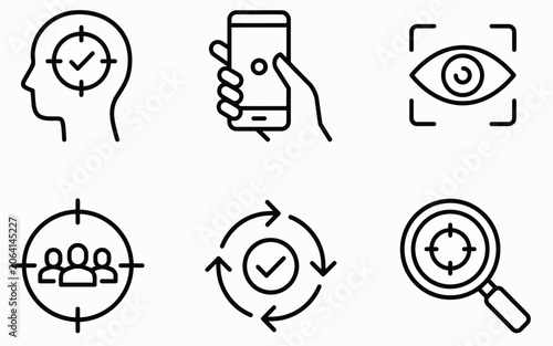 Targeting and focus line icons set featuring vector outline symbols of target magnifying glass smartphone scanning eye and human head