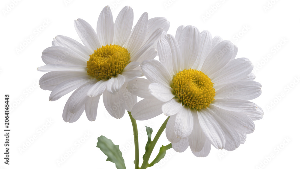 Fototapeta premium Two white daisies with yellow centers and green stems
