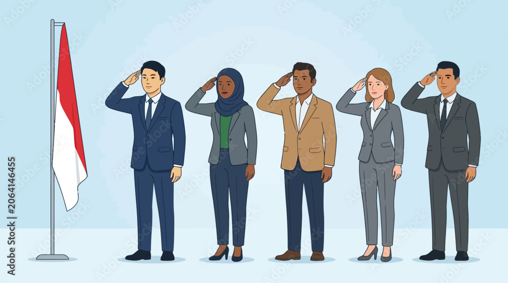 Obraz premium Diverse business people saluting Indonesian flag illustration
