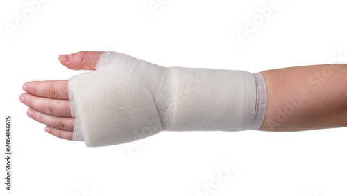 Obraz na płótnie Hand and forearm wrapped in white medical bandage