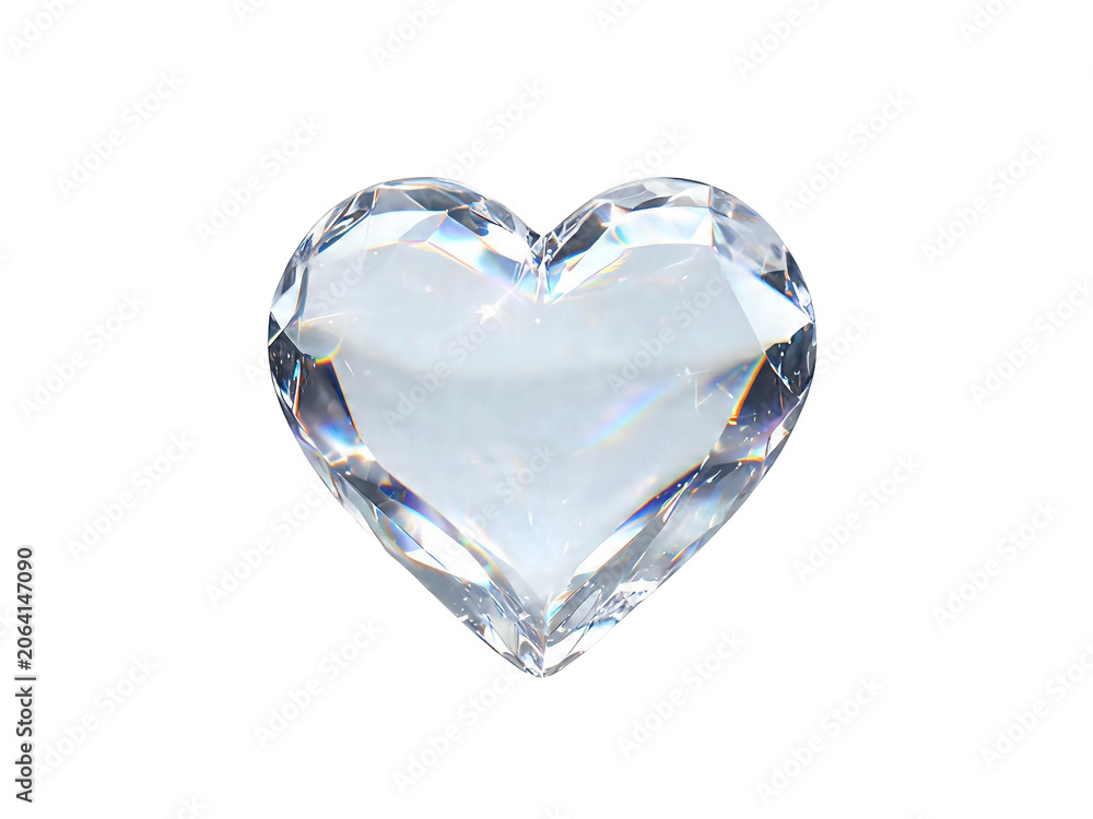 Fototapeta premium A stunning crystal heart diamond with brilliant light reflections on a clean white background, perfect for romantic and luxury designs.