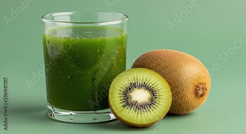 Healthy green kiwi juice on a solid green background