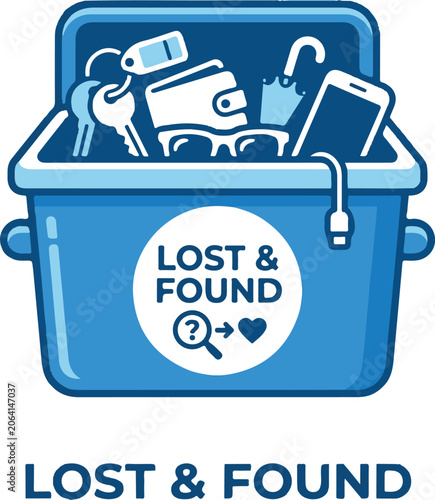 Lost and found blue box icon filled with misplaced personal items like keys, wallet, phone, and umbrella in flat vector style