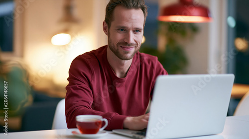 Smiling man using laptop at home in cozy living room