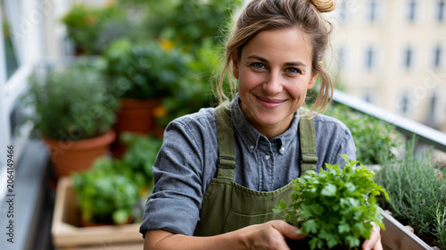 Smiling woman holding fresh green herbs in outdoor market