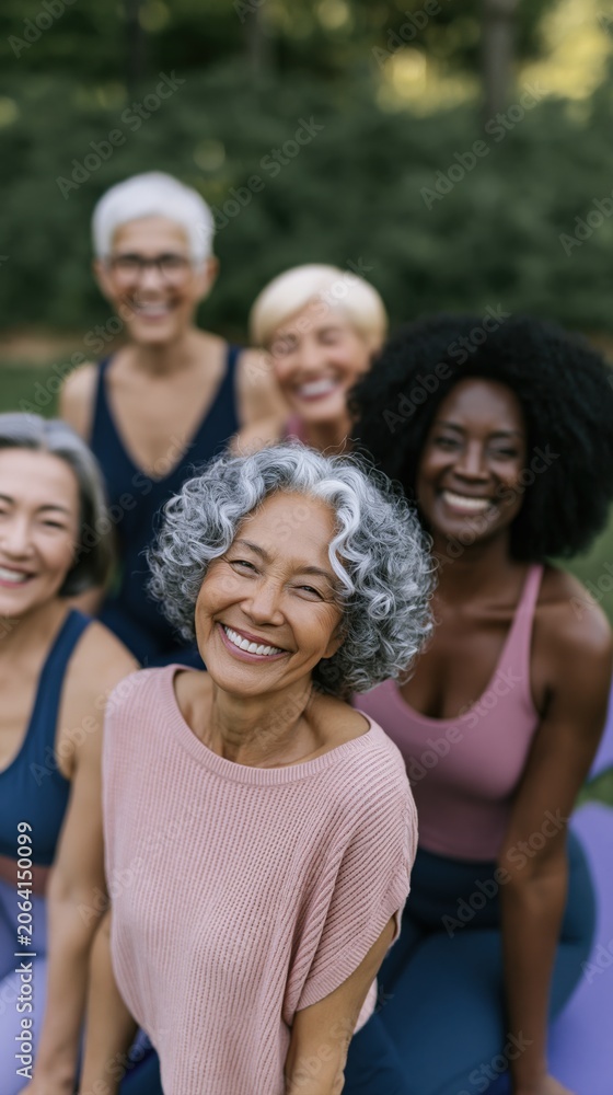 Obraz premium Diverse group of smiling mature women doing outdoor yoga and fitness in park for wellness and active lifestyle background