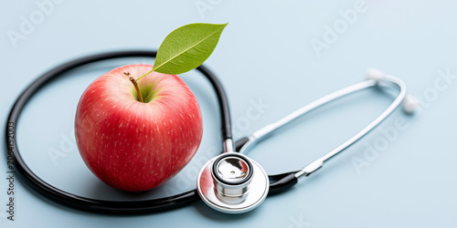 Fresh red apple with green leaf placed next to a medical stethoscope on a light blue background.