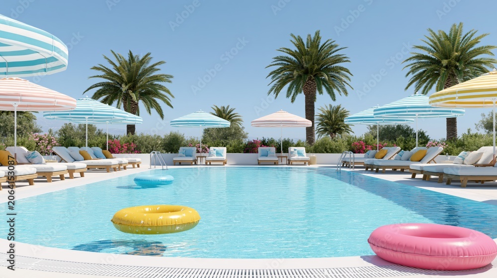 Obraz premium Vibrant resort swimming pool with loungers and colorful umbrellas