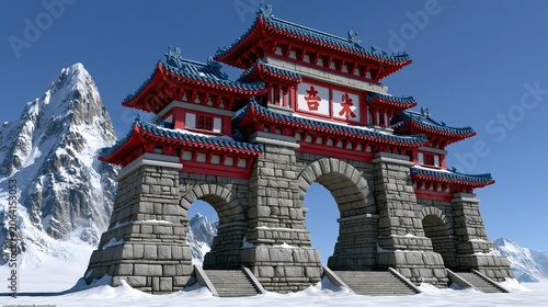 雪山に建つ伝統的な東洋様式の石造りの門。青空と雪のコントラスト。荘厳な山岳風景の中の建築物
