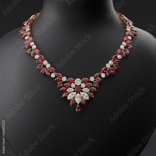 A luxurious necklace of diamonds and rubies on a leather stand in the shape of a bust. Jewelry showcase. Close-up. Frontal view. 3d rendering.