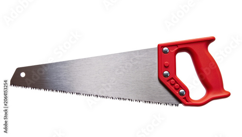 Foto Red handled handsaw with metal blade and sharp teeth
