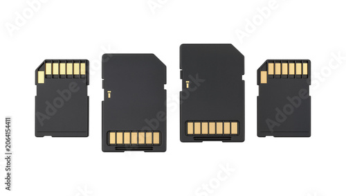 Four black SD memory cards with gold contacts