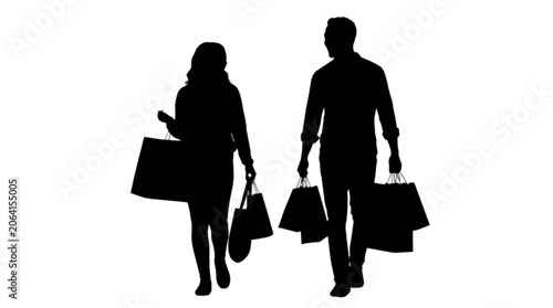 Silhouette couple walking and carrying shopping bags isolated on transparent background, Vector