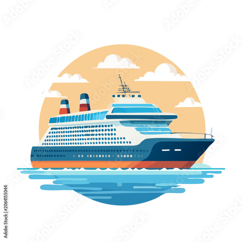 Cartoon cruise ship on ocean waves