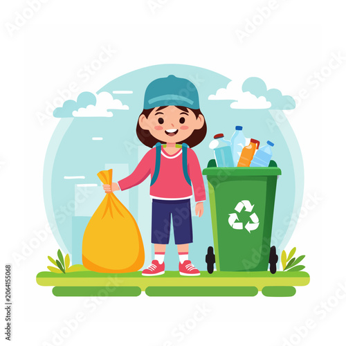 Child with trash bag and recycling bin