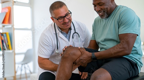 Physical therapist examining patient knee in clinic