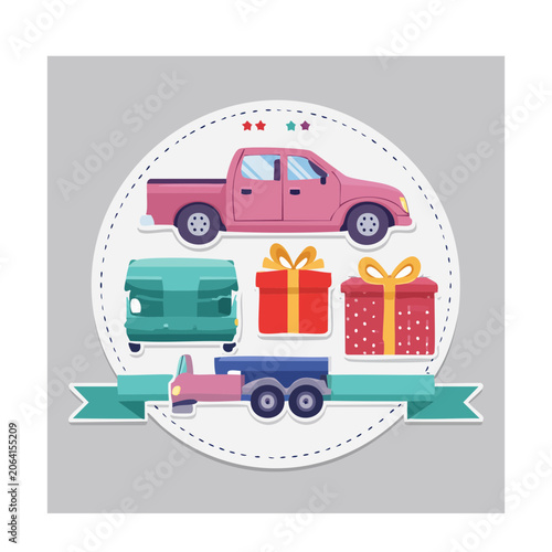 Flat Design Illustration of Delivery Trucks and Gift Boxes