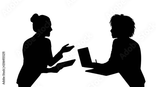 Two people discussing with laptop in professional meeting silhouette style isolated on transparent background, Vector