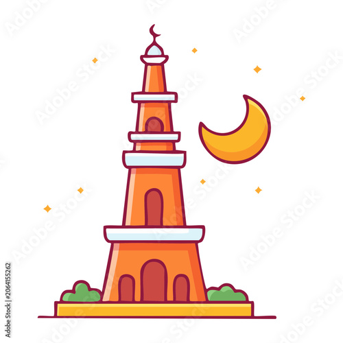 Flat design minaret with crescent moon and stars