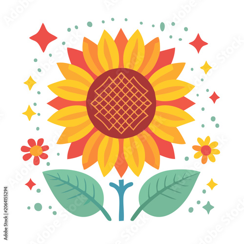 Flat design sun with flowers and leaves