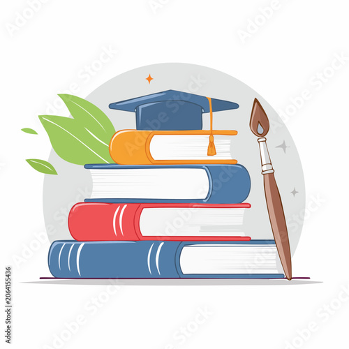 Stack of Books with Graduation Cap and Paintbrush