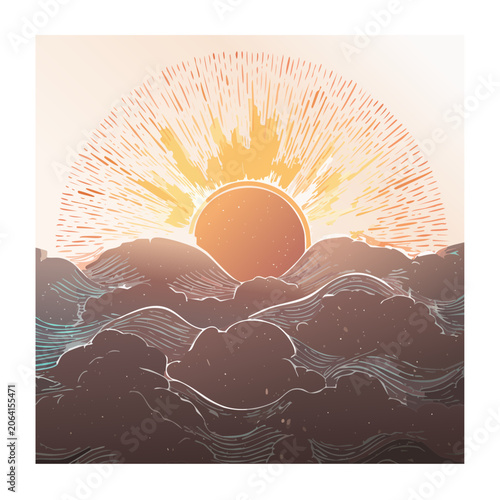 Sunset over mountains and ocean line art illustration