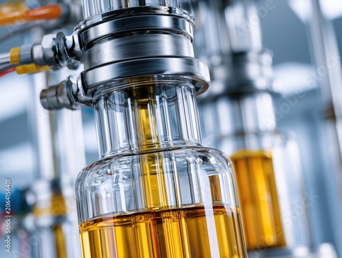 Glass bioreactor with golden peptide solution in laboratory setting. Clinical anti-aging dermatology skincare manufacturing and innovation concept.