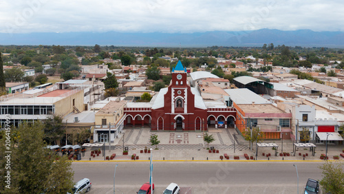 Aerial view of San Juan Bautista church in Tinogasta town center, Catamarca, Argentina.